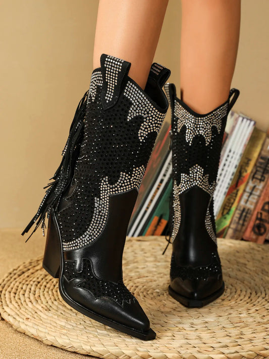 New Arrival Popular Retro Fashion Chunky Heel Boots With Rhinestone